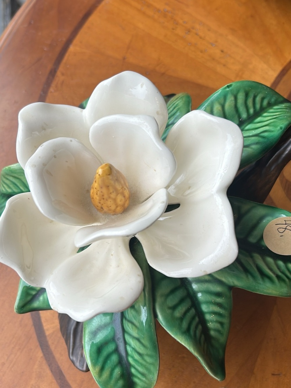 White Ceramic Magnolia Flower Accent with Green Leaves